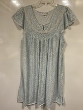 Miss Elaine Nightgown 1X Smocked Blue Floral Stretch Short Sleeve