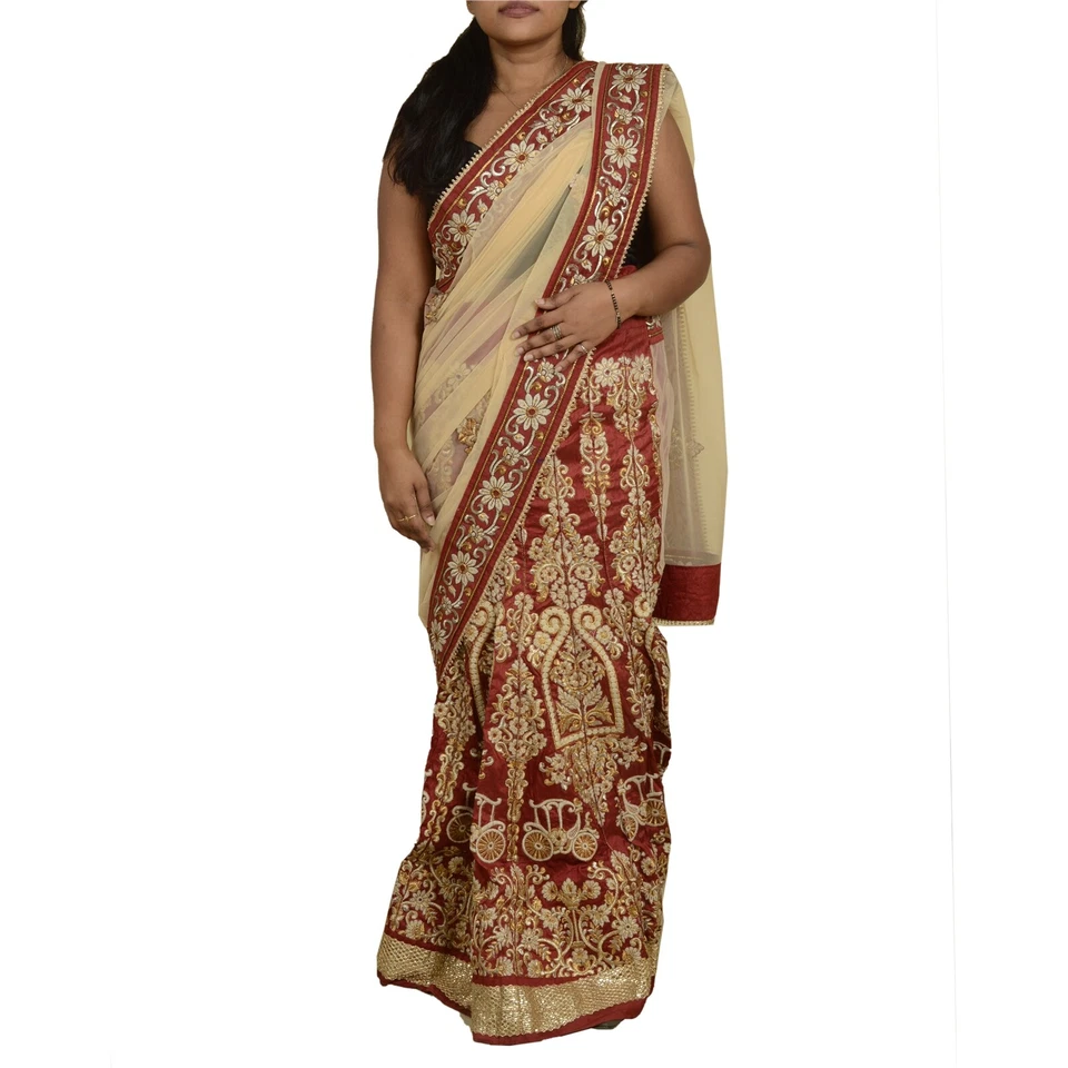 Sari de boda Lehenga único bordado malla red marfil vintage sánscrito Foto 2 de 4