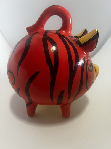 VTG Hand Painted Mexican Folk Art Clay/Ceramic Tiger Piggy Bank w/stopper EUC - Picture 2 of 10