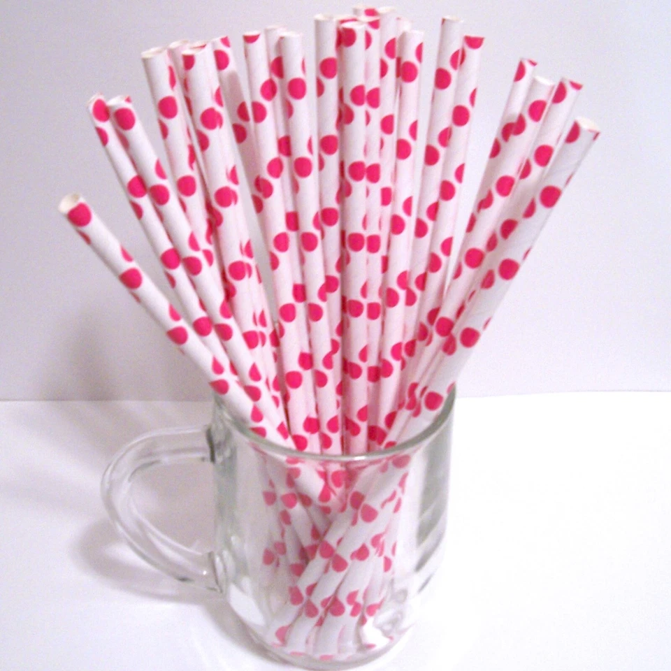 300 pajitas de papel blancas con puntos rosas suministros de fiesta celebración vacaciones Foto 2 de 4