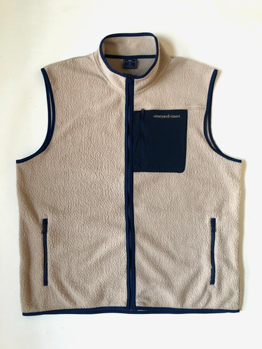 Vineyards Vines Size XL Beige/Navy Blue Sherpa Fleece Vest Full Zip Men's - Picture 3 of 7