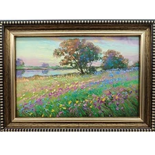 Summer Nature Oil Painting Signed Framed Rural Landscape Flower Meadow Lake 4x6