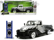 1953 CHEVROLET 3100 PICKUP SILVER W/FLAMES  EXTRA WHEELS 1/24 MODEL JADA 33025