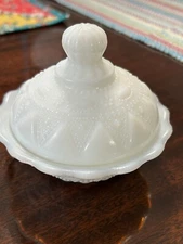 Kemple Milk Glass Covered Candy Nut Dish Raised Lace & Dewdrop Pattern 5.5" T