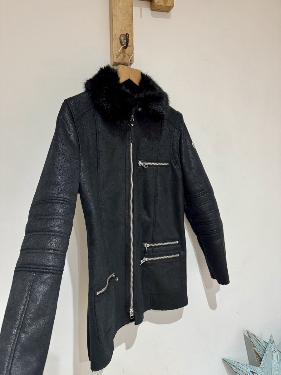 ARMANI Jeans Women's Black Faux Leather Fur Shearling Biker Zip