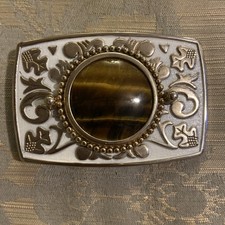 Vintage Western Belt Buckle Tiger's Eye Stone White Enamel Filigree Gold Tone