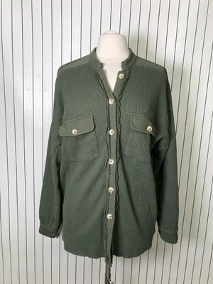 Women's Boyfriends Loose Fit Batwing Sleeve Waffle Knit Button Down Shirt Size L