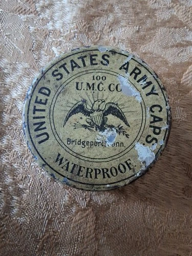 Antique Civil War Era US Army Brass Caps in Metal Tin Bridgeport Conn. 93 Caps