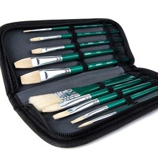 ARTIFY 10 PCS Paint Brush Set Intermediate Series Hog Bristle Case Green