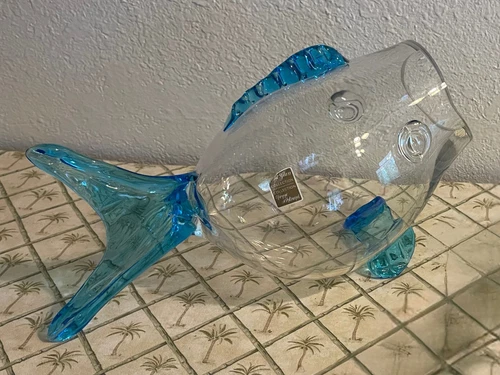 MCM Hand Blown Art Glass Fish Clear & Blue Blenko Style Vase Bowl Terrarium