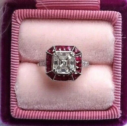 Art Deco Style Lab Created Diamond & Ruby Engagement 14K White Gold Finish Ring