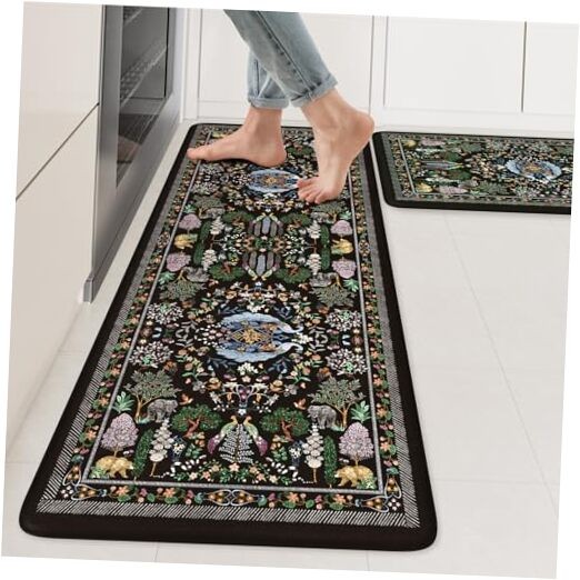 Anti Fatigue Kitchen Floor Mats 2-Piece Set Black Floral Design