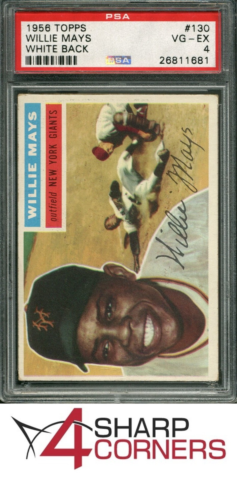 1956 TOPPS #130 WILLIE MAYS GIANTS HOF WHITE BACK PSA 4 view 1