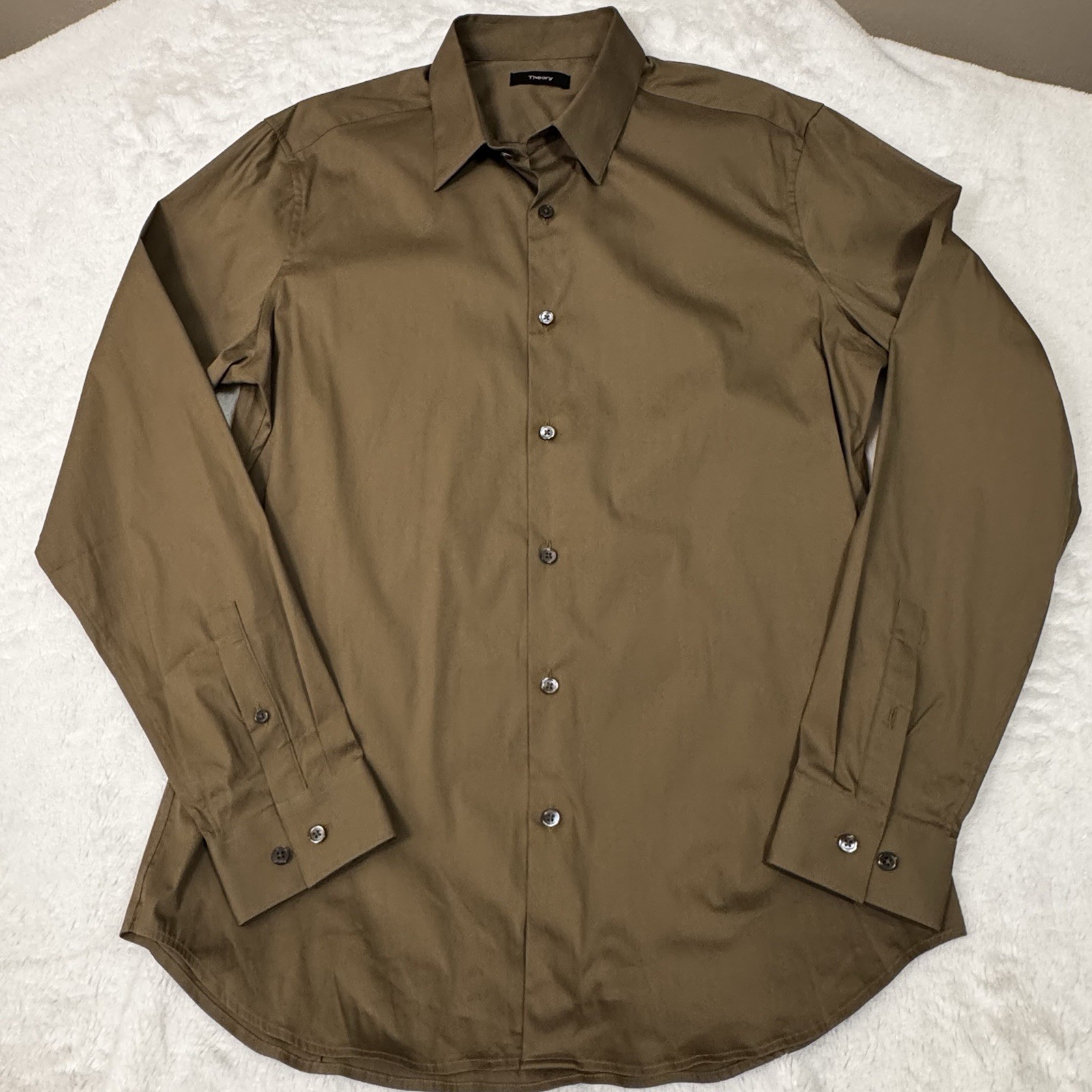 Camisa de vestir Theory verde oscuro manga larga grande nueva con etiquetas