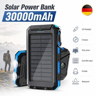 Powerbank 30000mAh Solarpanel Tragbar Externer Wasserdicht Kompass Handy Outdoor