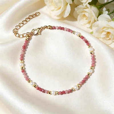 A++ Perles rondes facettées opale rose et perle 2-3MM 2 Multi Bracelet 6-8'' - Photo 1/4