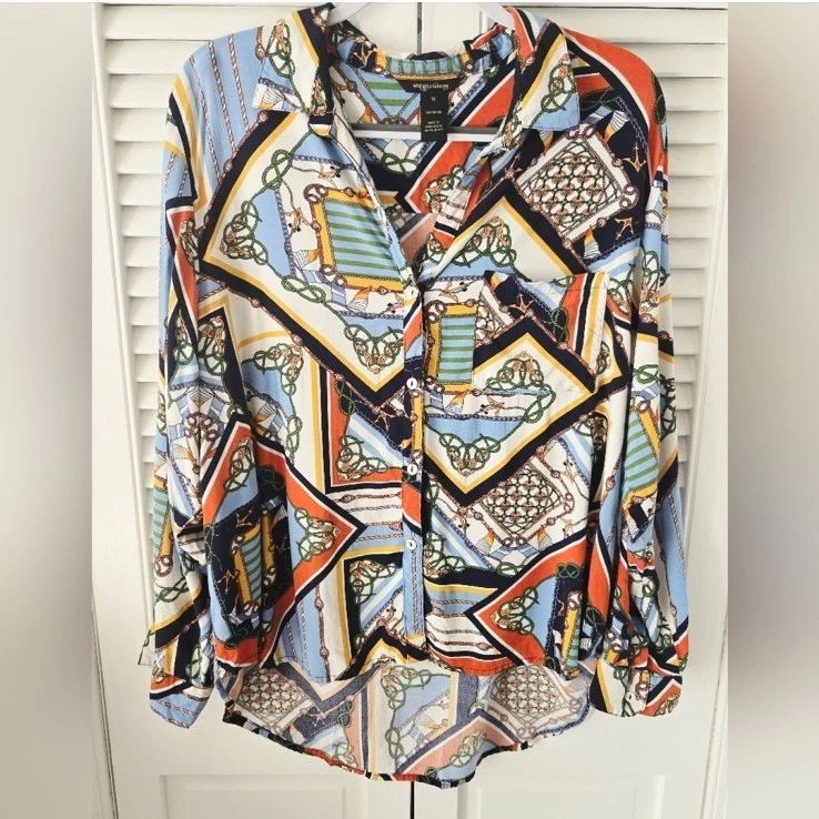 Millennium Mujer’s 1X Bufanda Estampado Cadena Blusa Abotonada Manga Larga Rayón Top Foto 2 de 4