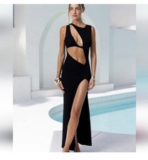Summerhaus Black Cutout Ribbed Maxi Dress Size M Asymmetrical Baddie Edgy Glam