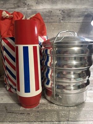 EUC Regal Ware Picnic Pack Food Carrier Tote~Thermo-Serv Thermos Bottle~Stripes