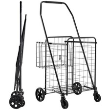 Folding Shopping Cart 100lb Dual Baskets Waterproof Liner Heavy Duty