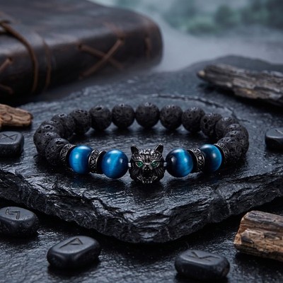 Blue Tiger Eye & Lava Stone 8mm Beads Wolf Charm Healing Strength Men Bracelet
