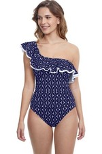 PROFILE BY GOTTEX Supreme Navy Blue White One-Pc Ruffle Shoulder Swimsuit 10 14