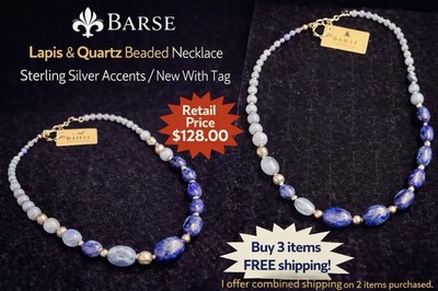Barse Lapis & Quartz Beaded Necklace Sterling Silver Blue Stones NWT $128