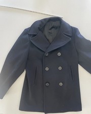 Men's Military Pea Coat Blue Kersey Wool Double Breasted Lined Size 40 Vintage