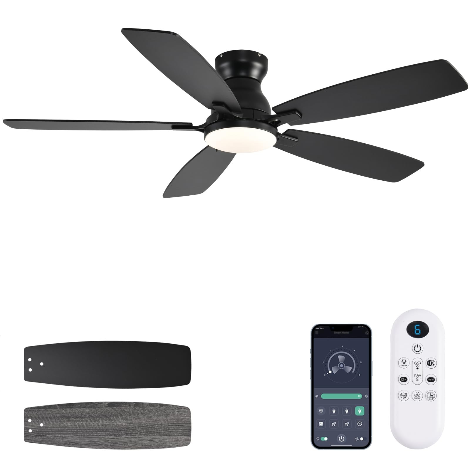 Ceiling Fan 52 Inch Low Profile Flush Mount DC Motor Remote Black JSAITEE Fans