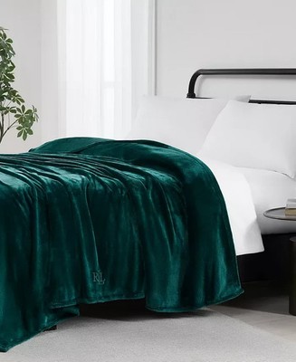 BRAND NEW Ralph Lauren Micromink GREEN Plush Blanket Queen 90''x90''   RLL LOGO