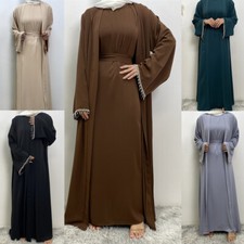 Dubai Abaya Muslim Women Open Kimono Inner Dresses Set Islamic Arab Robe Ramadan
