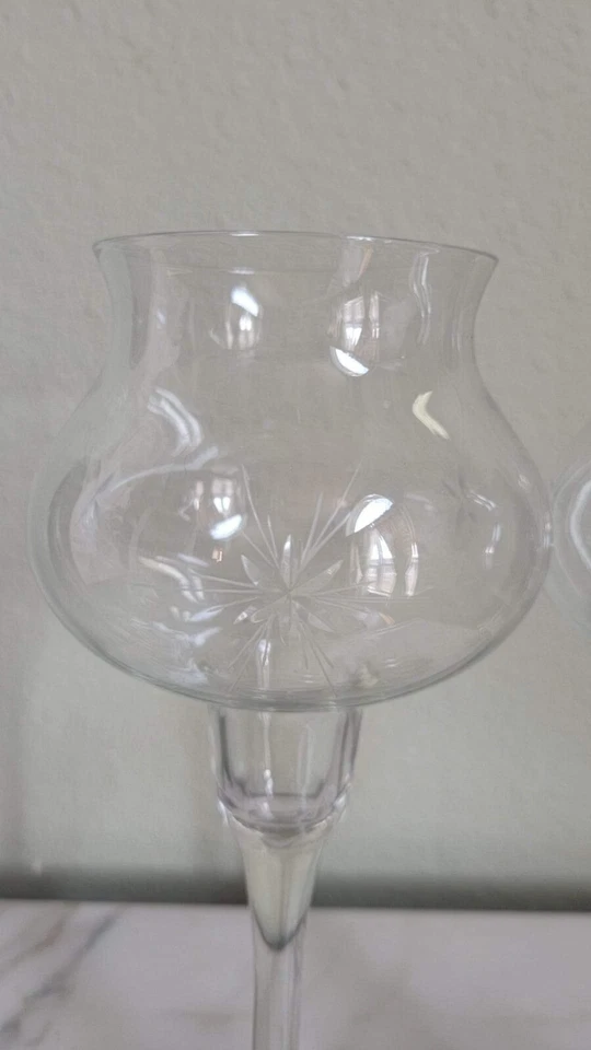 VTG PAIR 10 IN WALLACE TALL ETCHED CRYSTAL GLASS STERLING SILVER CANDLE HOLDERS  - Image 2 of 4