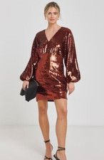 SIMPLY BE Woman's Dress Size 24 Balloon Sleeve BURNT ORANGE VNECK SEQUIN CD TV