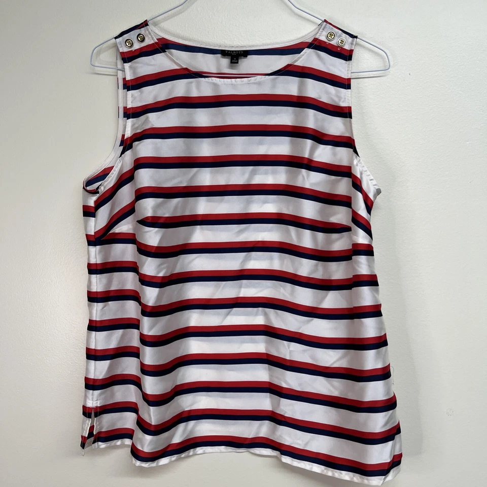 Talbots Sleeveless Blouse Sz X Silk Tank Nautical Red White Blue Patriotic - Image 2 of 4
