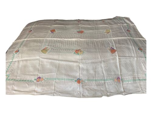 Vtg Silk Tablecloth 52"X62" w/6 Napkins Flowers w/Royal Ballroom Dancers White - Picture 2 of 14