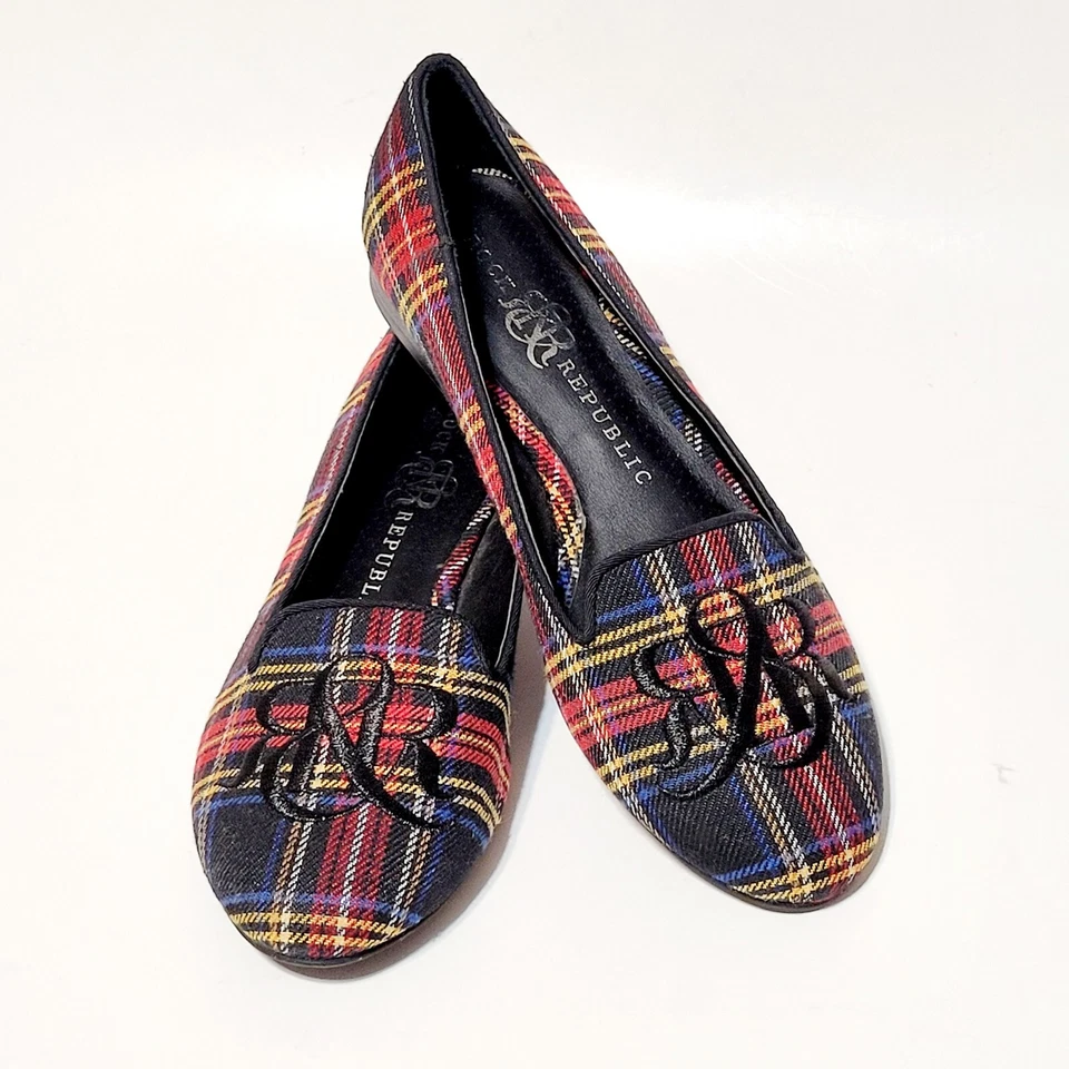 Rock & Republic R&R Ballet Flats Tartan Plaid Embroidered Logo Shoes Wms 6M US - Image 2 of 4