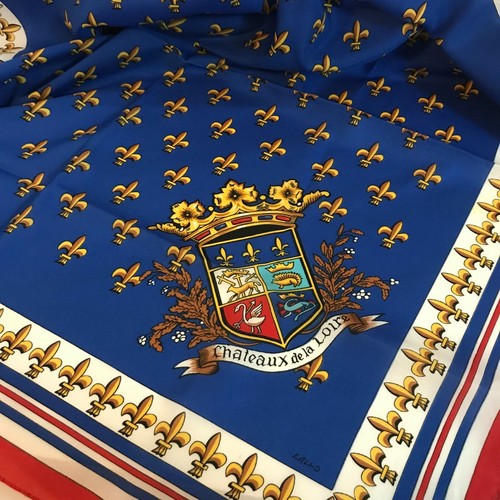 Vintage 70s Scarf Josette Franco Paris Chateaux de la Loire Royal Blue Red 27x27 - Picture 2 of 2