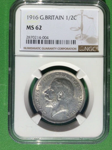 1916 Great Britain 1/2 Crown, NGC MS 62
