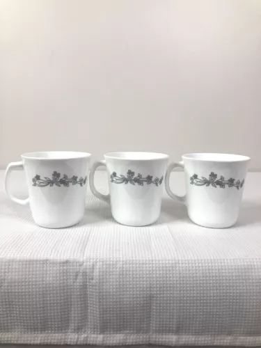 Vintage Corning Coffee Tea Cup Mug White With Gray Flowers Ribbon USA Set 3