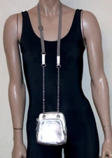 JIL SANDER metallic silver leather three pouch mini purse shoulder bag
