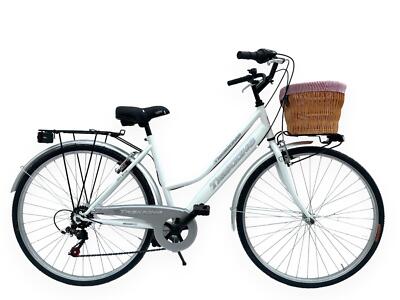 Damenfahrrad zu Fuß Größe 28 Stadt mit Getriebe und Weidenkorb weiß