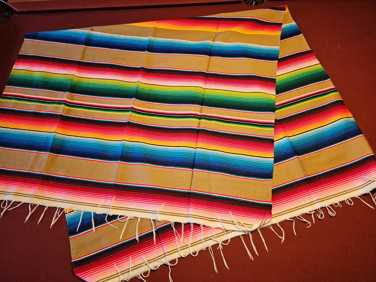 Vintage Mexican Serape Blanket Hand Woven Multicolor Stripes 47 