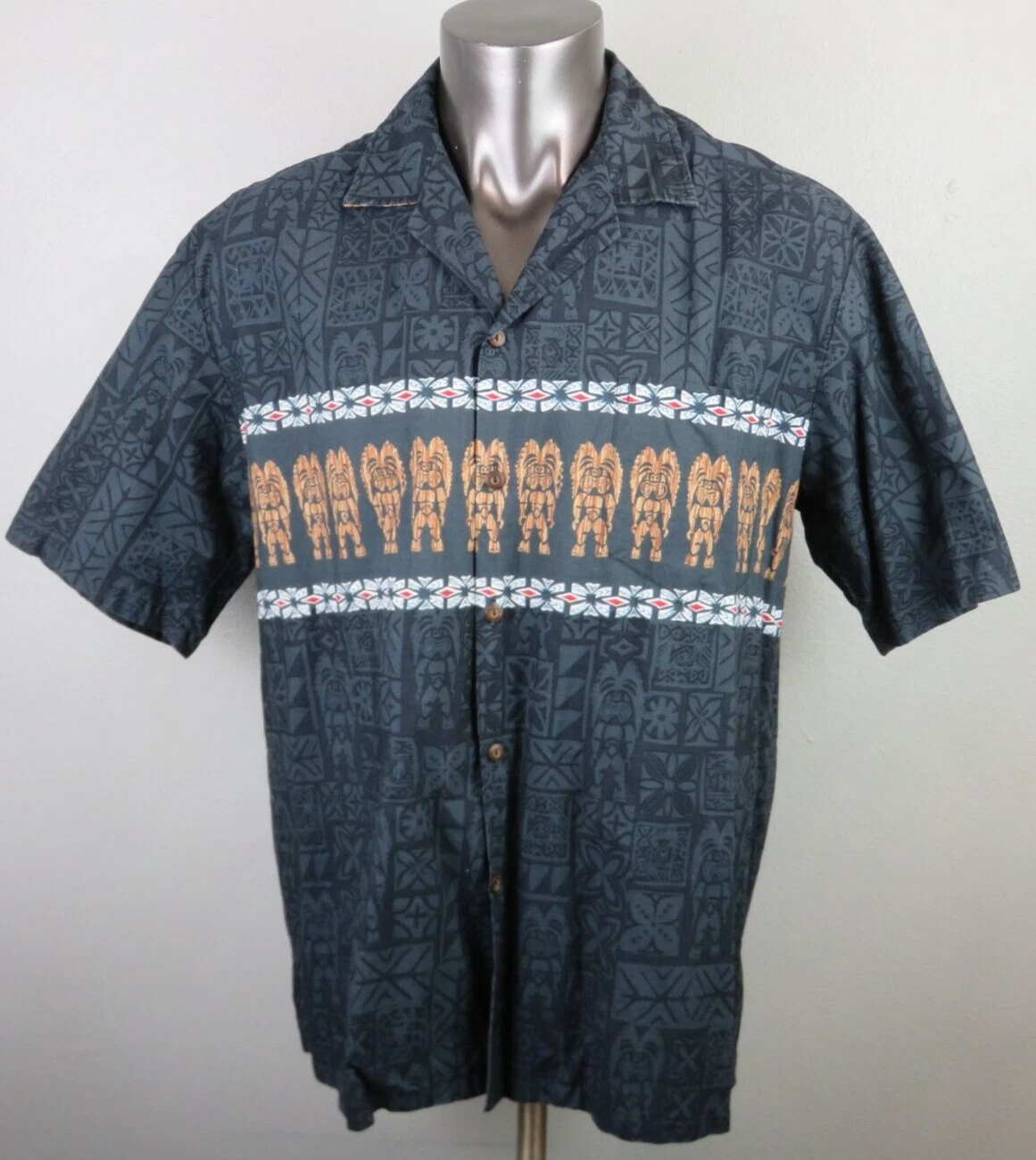 Mens Pacific Legend Hawaiian Shirt Button Front XL Cotton Tiki Geometric Gray