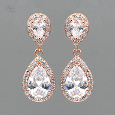 ROSE GOLD Plated Cubic Zirconia Wedding Bridal Teardrop Dangle Earrings 155 Gift