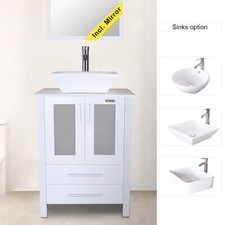 24" White Bathroom Vanity Cabinet Single Wood & Ceramic Vessel Sink No Mirror