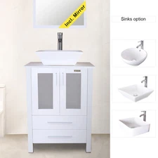 24" White Bathroom Vanity Cabinet Single Wood & Ceramic Vessel Sink No Mirror