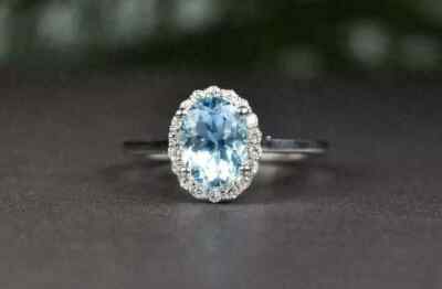 3.50Ct Oval Cut Aquamarine Halo Engagement Wedding Ring 14K White Gold Finish