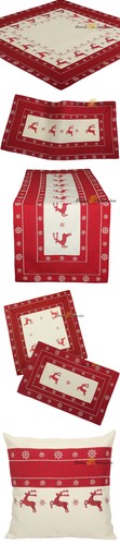 Christmas Table Runners Placemats Tablecloths Cushion Cover Creme Red Reindeer - Picture 4 of 4