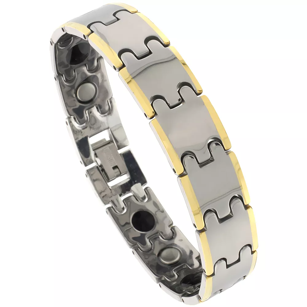 Tungsten Carbide Magnetic Bracelet w 2 Tone Gun Metal Gold Bar Links