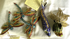Vintage Chinese Cloisonne Articulated Lot 5 Fish Dragonfly Ornaments: Tags
